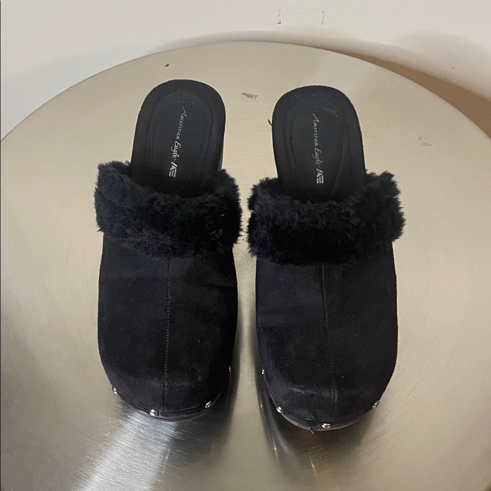 American Eagle Outfitters Black Faux-Fur Clog Mules